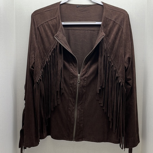 Fringe, light suede feel jacket, large-ext large, zipper front, dark brown - Picture 5 of 12